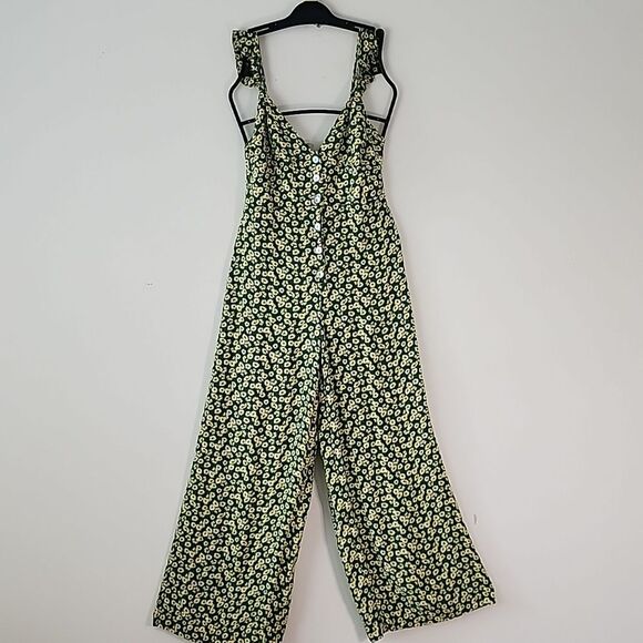 Zara Green Ditsy Floral Button Front Smocked Back Wide Leg Jumpsuit M (T20) - Picture 13 of 14